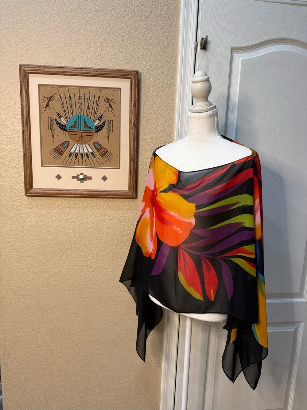 Multi Way Tropical Chiffon Poncho Scarf Wrap 6 Coconut Buttons OS